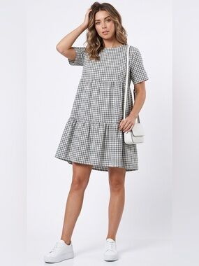 and April Gingham Tiered Mini Dress Linen Cotton Size M/L Cottagecore Gardencore